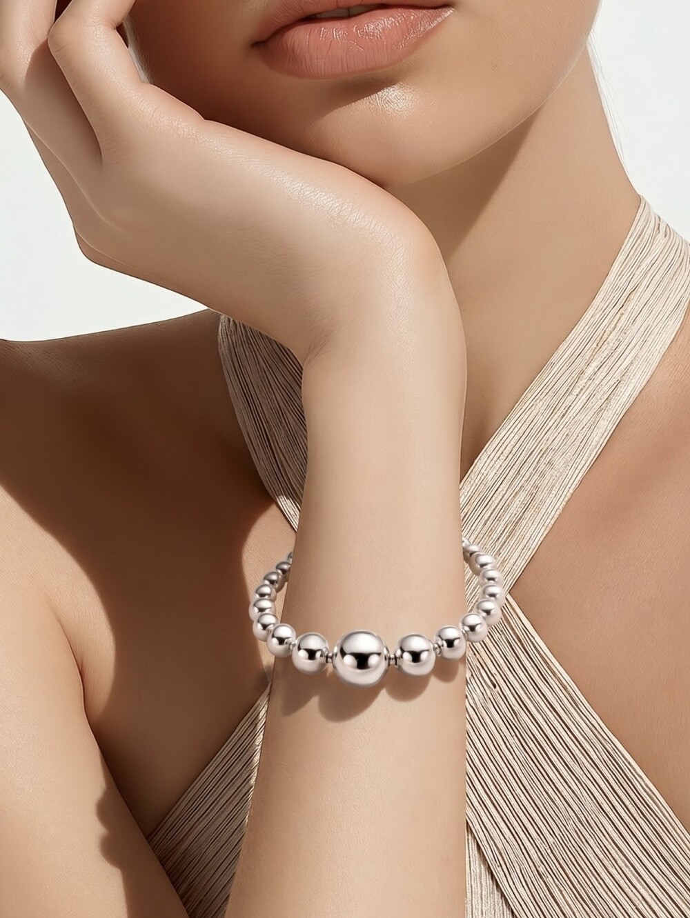 Polished Graduated Silver Bead Bracelet for Women